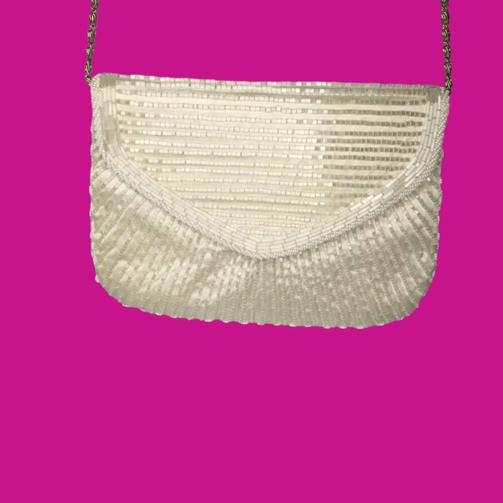 Vintage Sea Bead White Clutch Crossbody Purse Gold Chain Strap